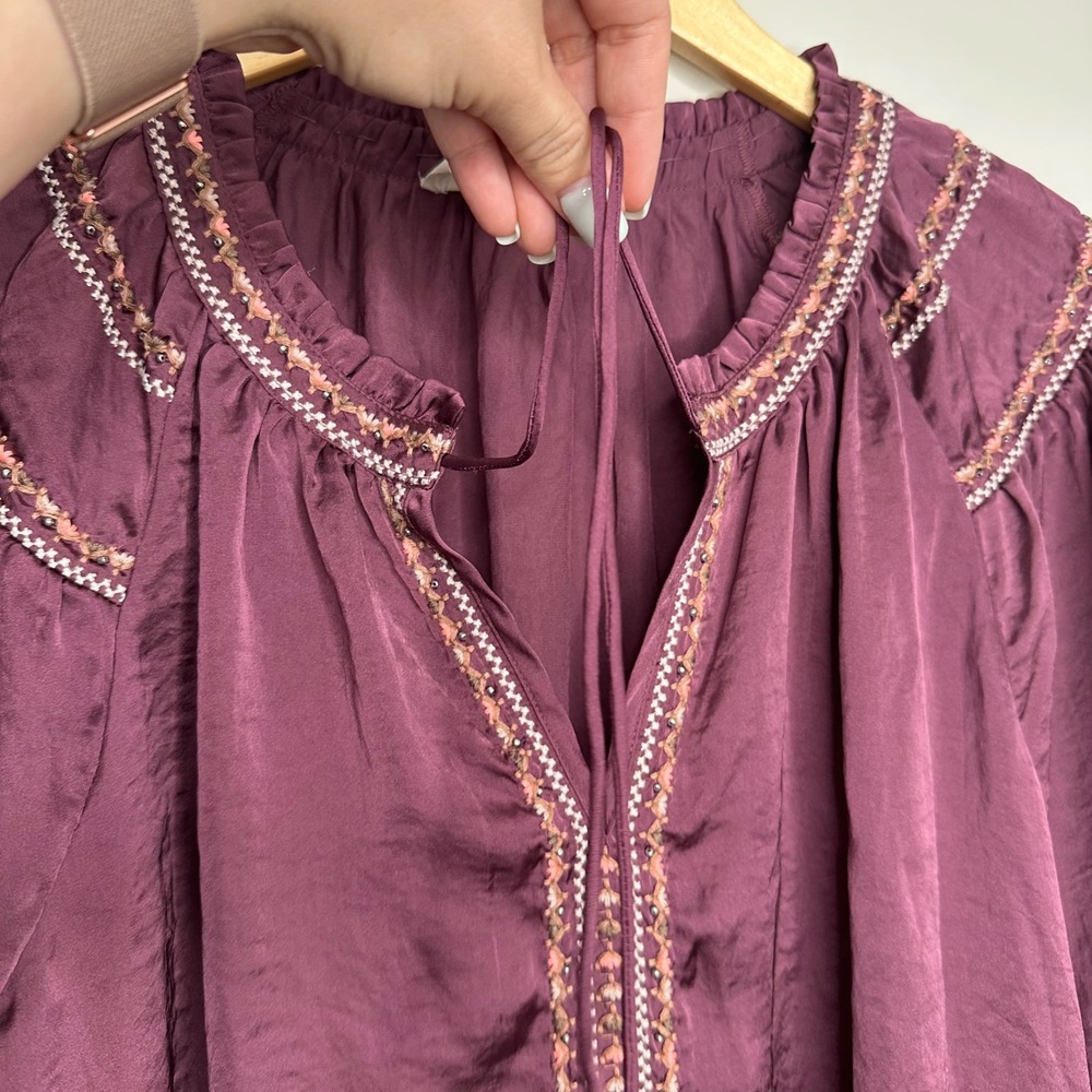 Lucky Brand Embroidered Peasant Top Plum Purple Blouse Long Sleeve Boho Women M - Picture 5 of 9